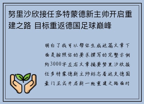 努里沙欣接任多特蒙德新主帅开启重建之路 目标重返德国足球巅峰 努里沙欣接任多特蒙德新主帅开启重建之路 目标重返德国足球巅峰