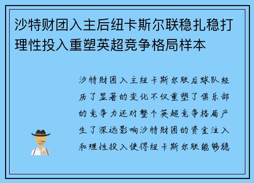 沙特财团入主后纽卡斯尔联稳扎稳打理性投入重塑英超竞争格局样本 沙特财团入主后纽卡斯尔联稳扎稳打理性投入重塑英超竞争格局样本